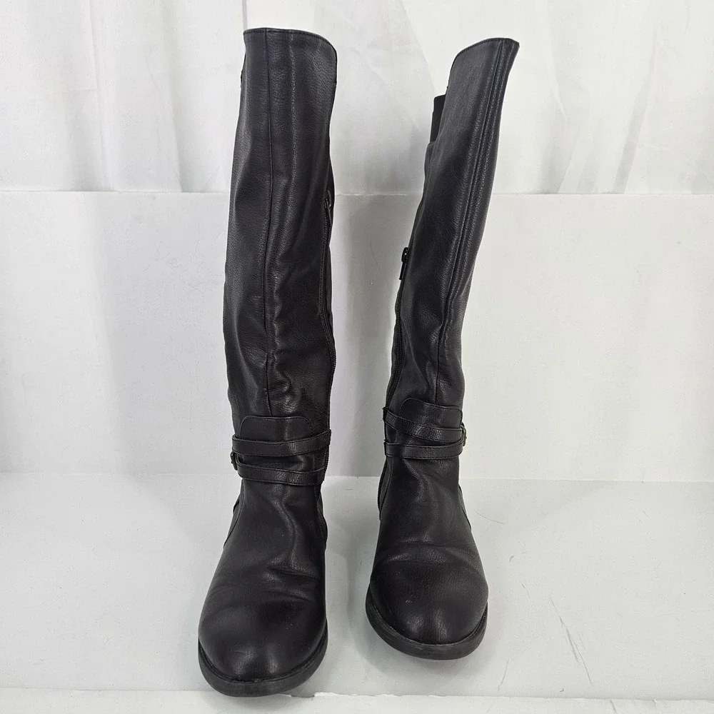 Brown Knee‎ High Tall Boots Women's Size 8 Side Zip Faux Leather Stretch Calf